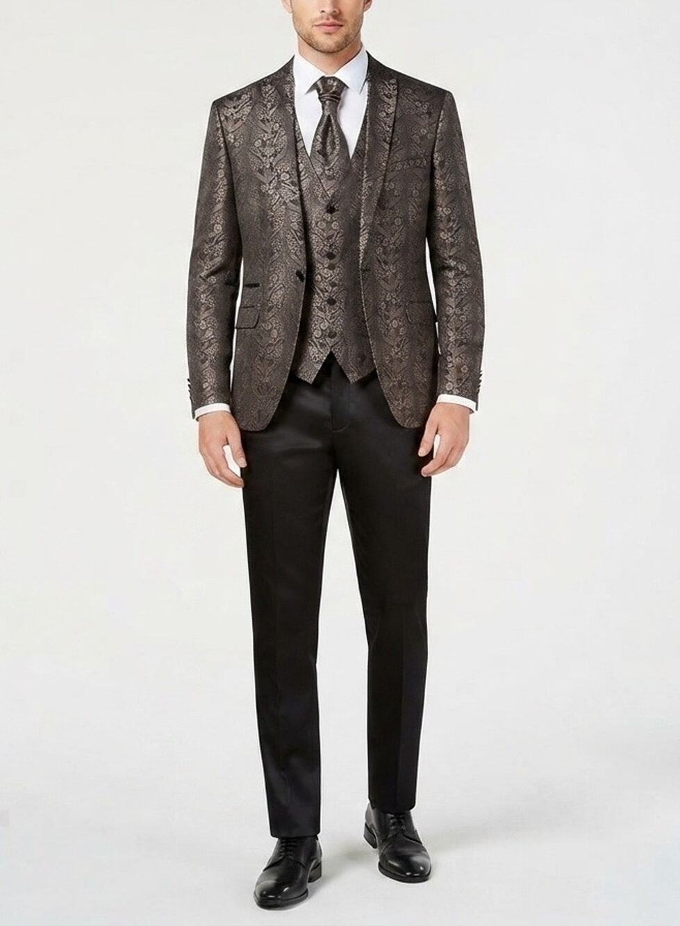 Masculini Men Italian Tuxedo Suit Set 3 Pcs Floral Paisley US 44 EU 54 Brown T16